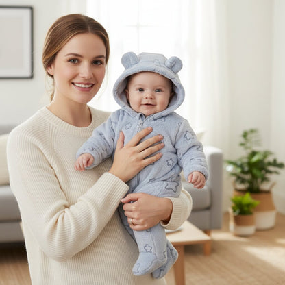 Maman tenant son bébé habillé en combinaison polaire hiver bleue à capuche oreilles d'ours | Choupinoo

