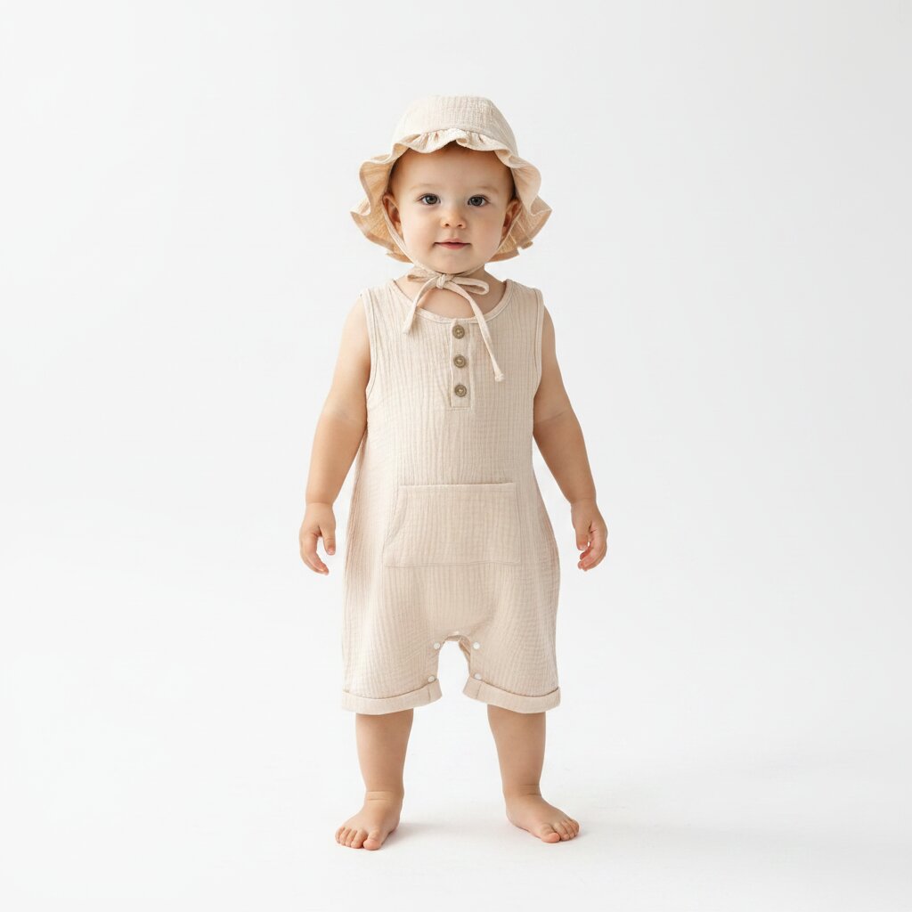 Petite fille debout portant une combishort bébé mousseline beige écru avec chapeau bob à volants et cordelette – Choupinoo