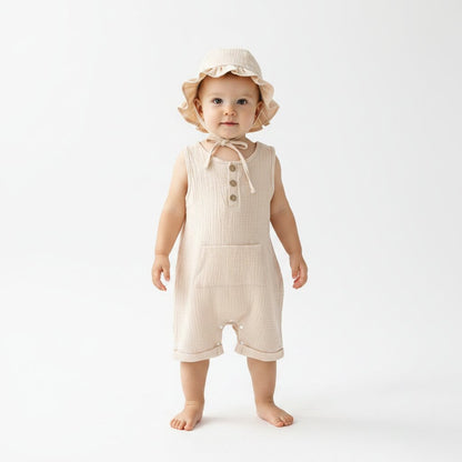 Petite fille debout portant une combishort bébé mousseline beige écru avec chapeau bob à volants et cordelette – Choupinoo