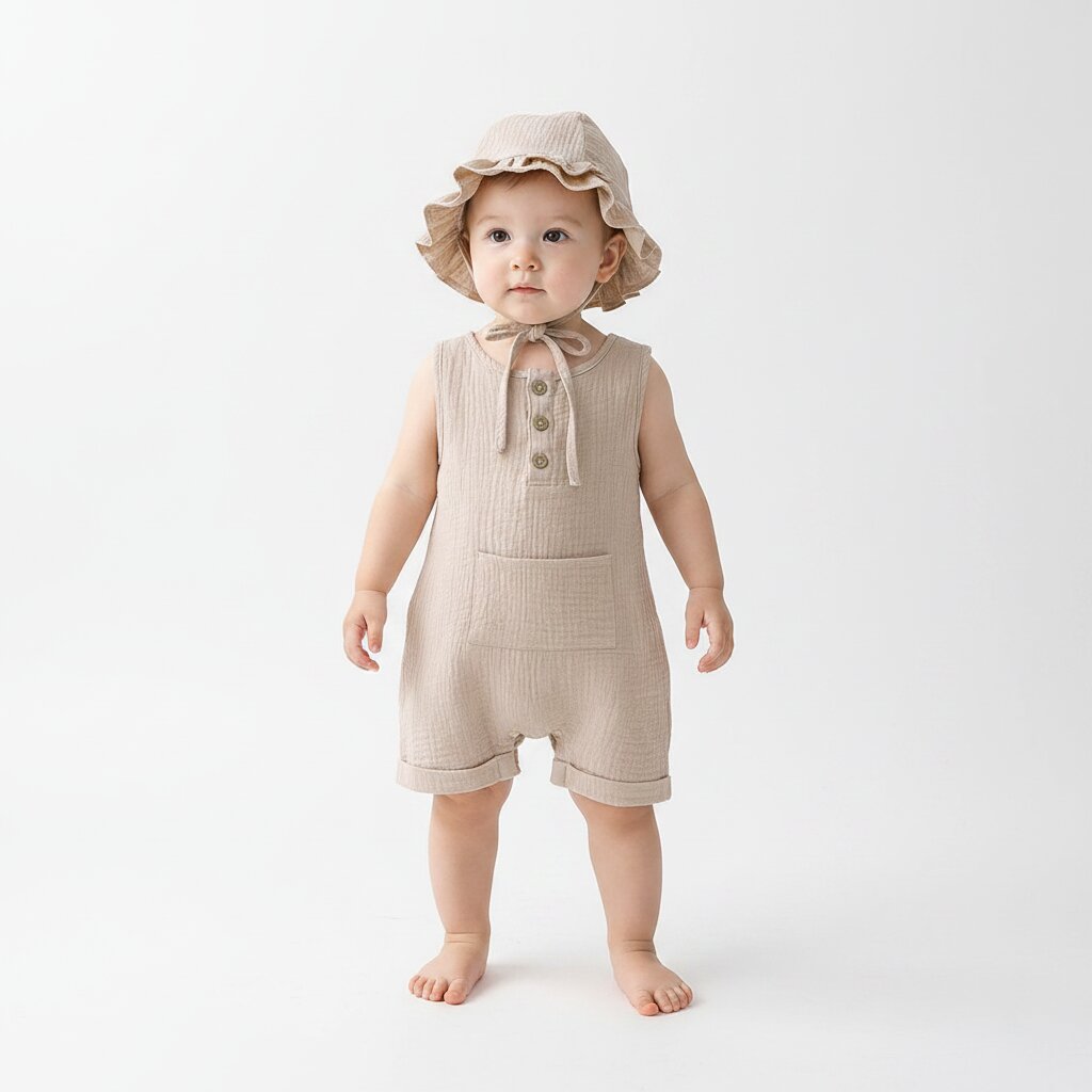 Petite fille debout portant une combishort bébé mousseline beige lin naturel avec chapeau bob à volants et cordelette – Choupinoo