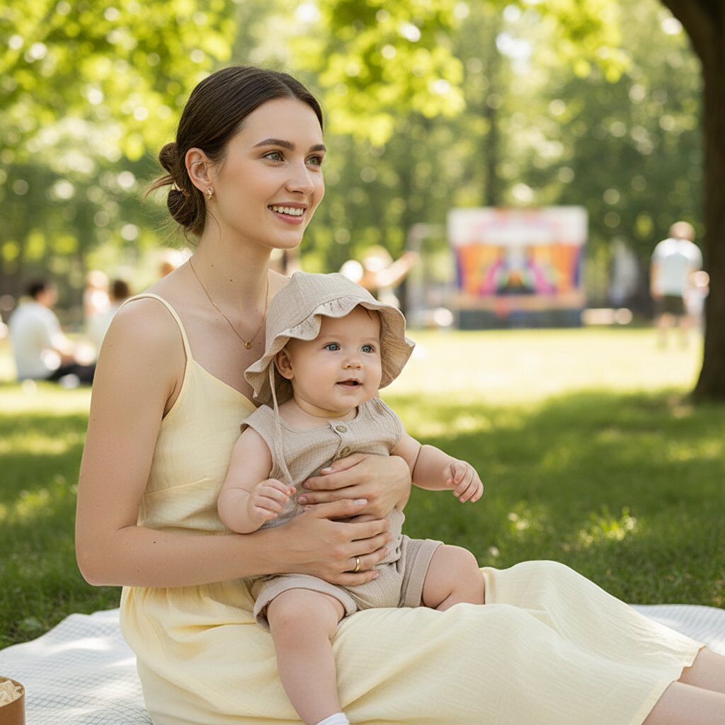 Maman tenant son bébé dans les bras lors d'un spectacle en plein air, bébé porte une combishort mousseline beige lin avec chapeau bob à volants – Choupinoo