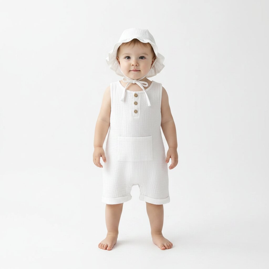 Petite fille debout portant une combishort bébé mousseline blanc avec chapeau bob à volants et cordelette – Choupinoo
