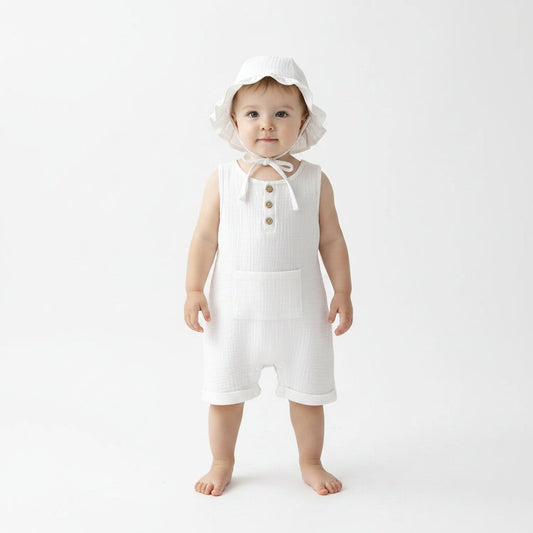 Petite fille debout portant une combishort bébé mousseline blanc avec chapeau bob à volants et cordelette – Choupinoo