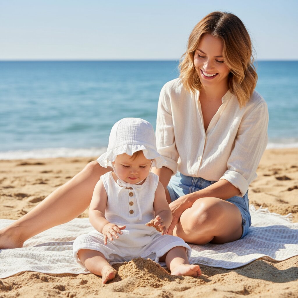 Bébé fille assise sur le sable avec sa maman, portant une combishort mousseline blanc avec shorts larges à revers, chapeau bob double volants et cordelette – Choupinoo