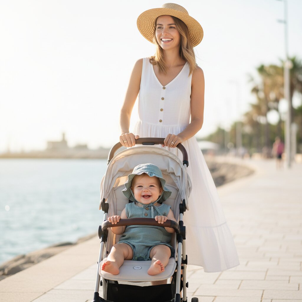 Maman promenant son bébé en poussette sur un bord de mer ensoleillé, bébé porte une combishort mousseline bleu céladon avec chapeau bob à volants et cordelette – Choupinoo