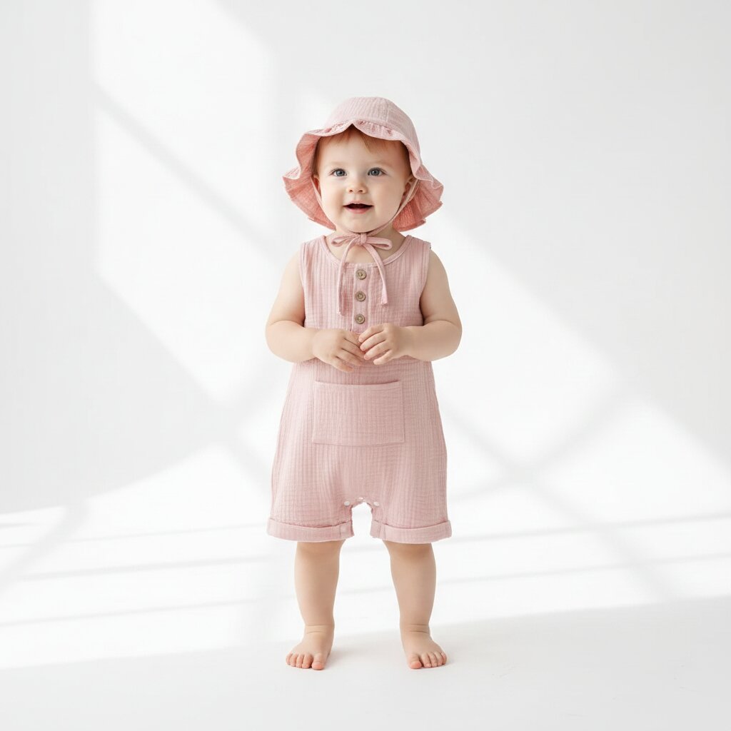 Petite fille debout portant une combishort bébé mousseline rose avec chapeau bob à volants et cordelette – Choupinoo