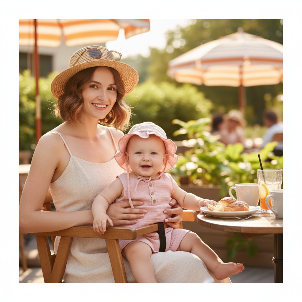 Maman et bébé fille en terrasse de café l'été, bébé porte une combishort mousseline rose avec chapeau bob à volants et cordelette – Choupinoo