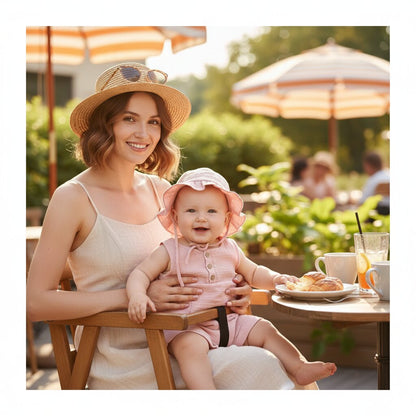Maman et bébé fille en terrasse de café l'été, bébé porte une combishort mousseline rose avec chapeau bob à volants et cordelette – Choupinoo
