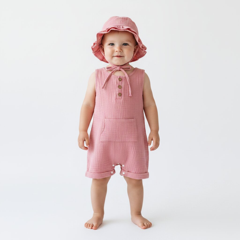 Petite fille debout portant une combishort bébé mousseline rose saumon avec chapeau bob à volants et cordelette – Choupinoo