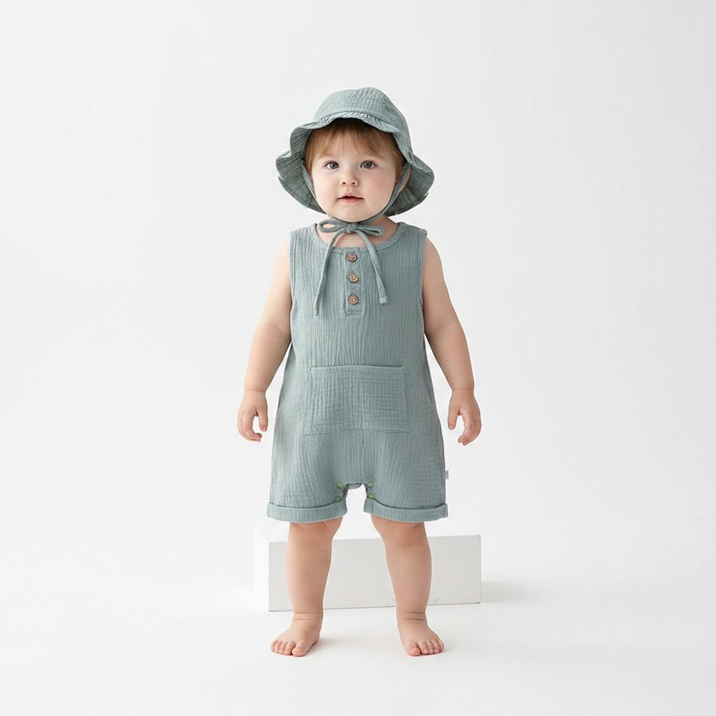 Petite fille debout portant une combishort bébé mousseline vert sauge avec chapeau bob à volants et cordelette – Choupinoo