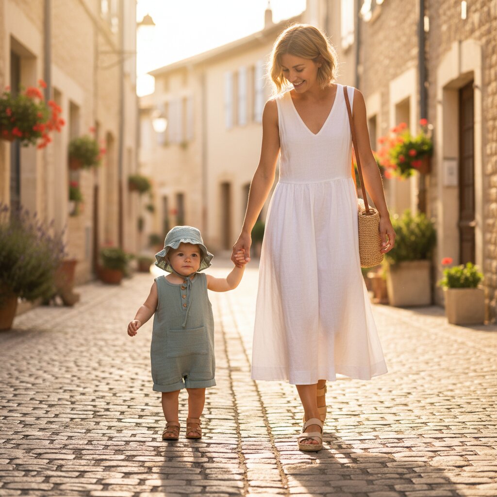 Maman et bébé fille en promenade dans un village ensoleillé, bébé porte une combishort mousseline vert sauge avec chapeau bob à volants – Choupinoo