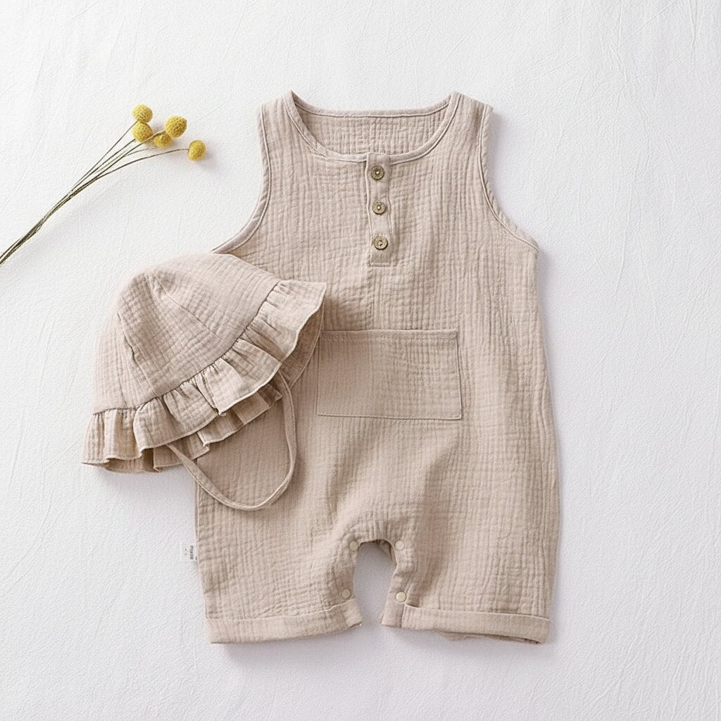 Combishort bébé été en mousseline beige lin naturel avec chapeau bob à volants, flat lay minimaliste vue de dessus sur fond lin blanc – Choupinoo