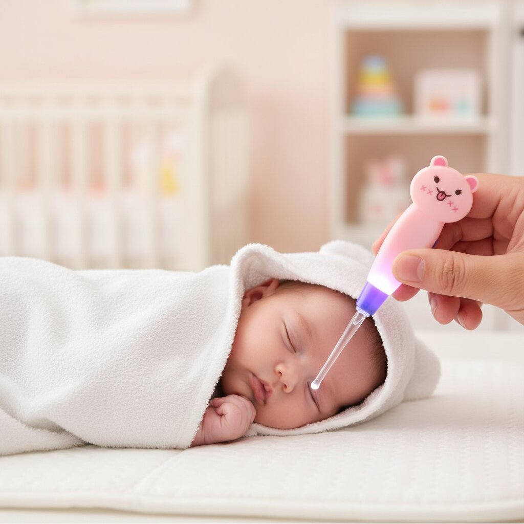 Gros plan cure oreille lampe LED lapin rose Choupinoo utilisé sur bébé en serviette à capuche après le bain