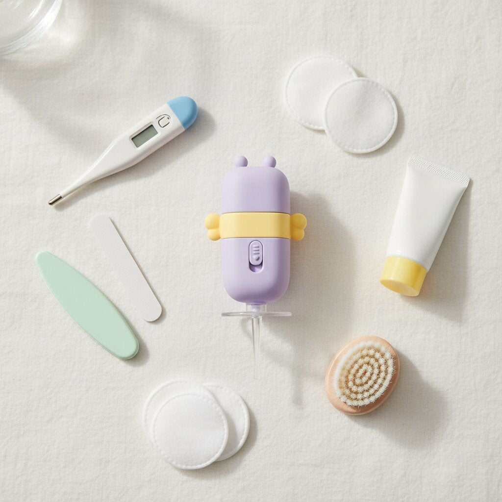 Cure oreille lumineux bébé abeille mauve au centre d'une sélection d'accessoires de soin nourrisson sur fond lin blanc – Choupinoo