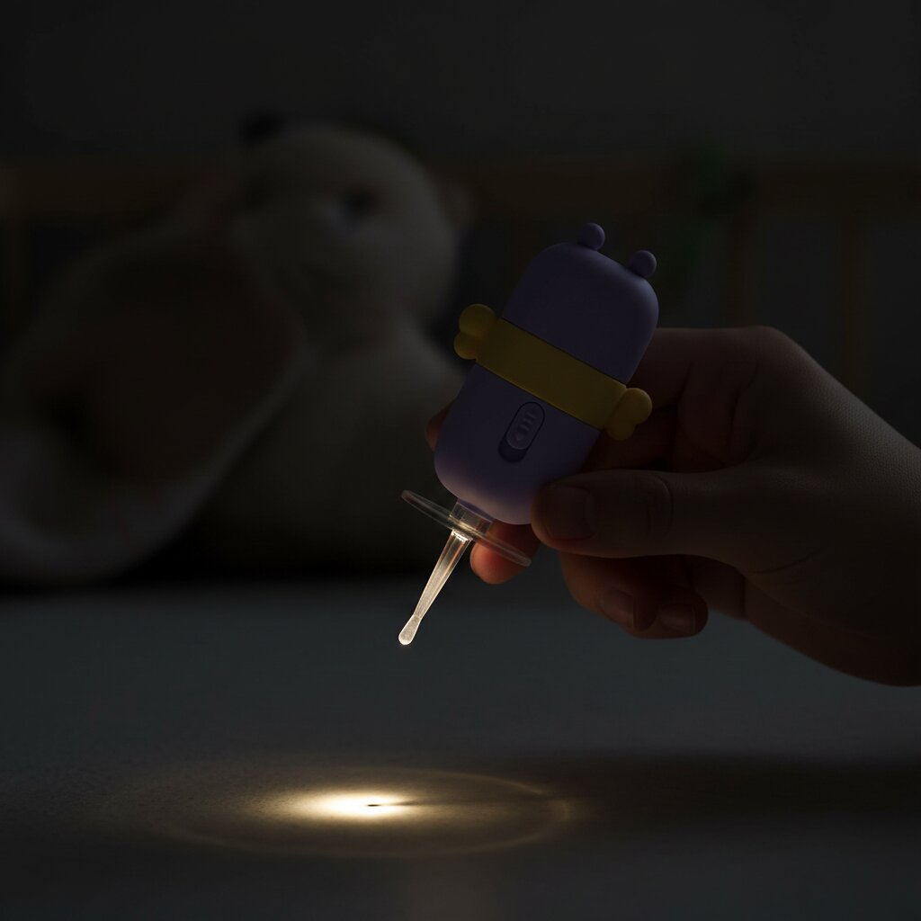 Cure oreille lumineux bébé abeille mauve tenu en main avec la LED allumée éclairant le conduit auditif dans la pénombre – Choupinoo