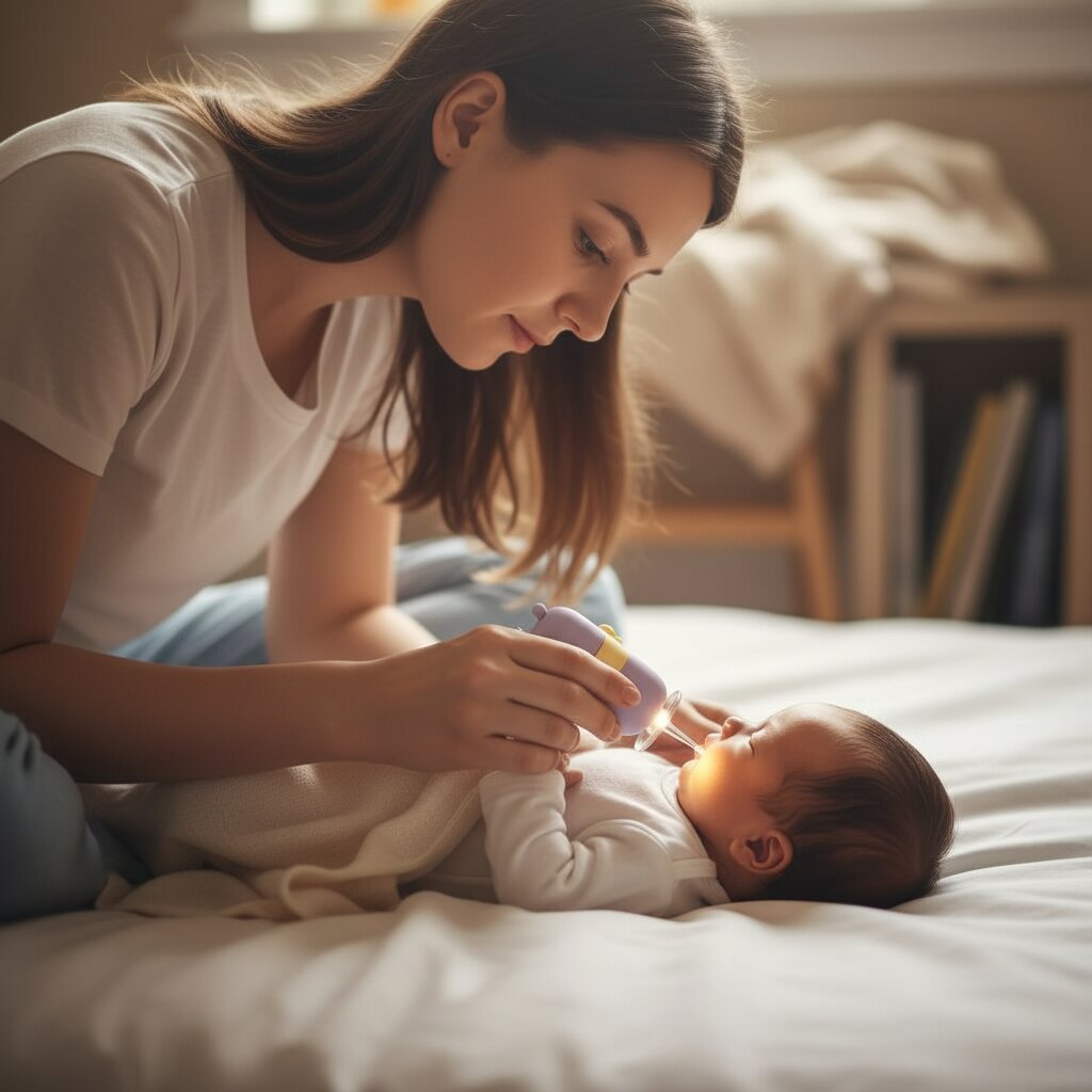 Maman utilisant un cure oreille lumineux LED bébé abeille mauve pour éclairer l'oreille de son nourrisson à la maison – Choupinoo