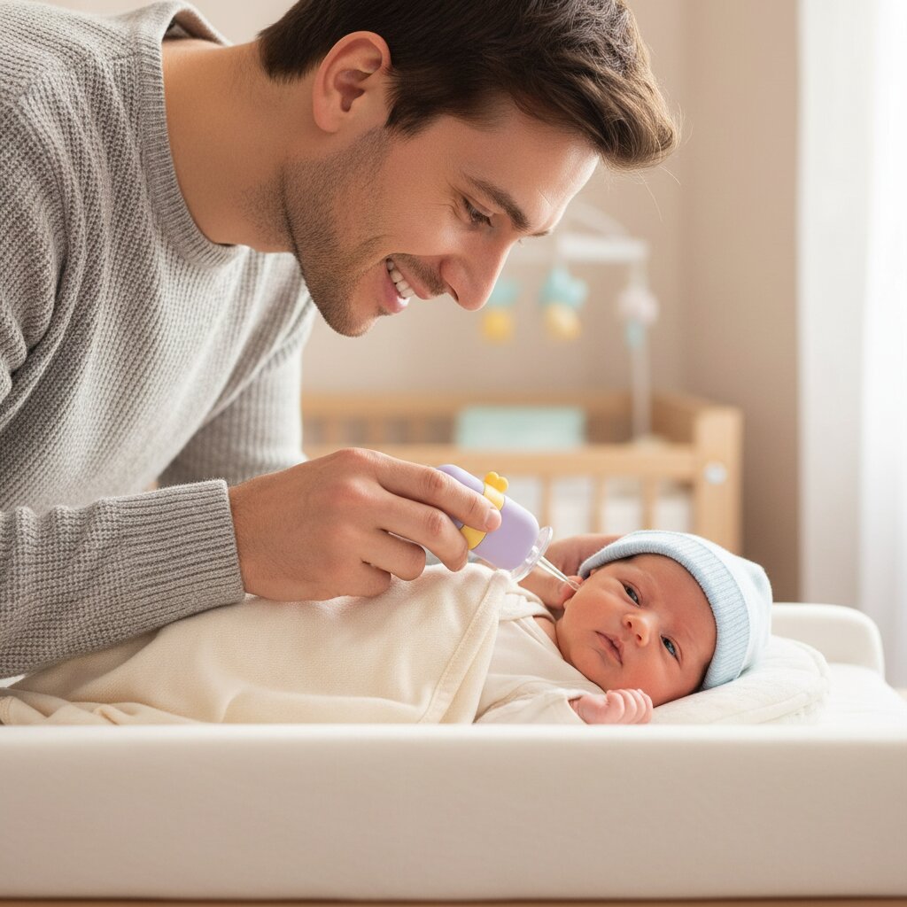 Papa souriant utilisant un cure oreille lumineux bébé LED abeille mauve près de l'oreille de son nourrisson allongé – Choupinoo