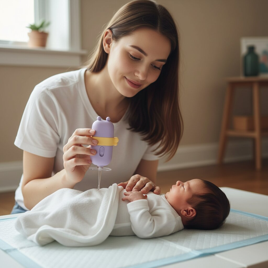 Maman utilisant un cure oreille lumineux bébé abeille mauve pour nettoyer les oreilles de son nourrisson à la maison – Choupinoo