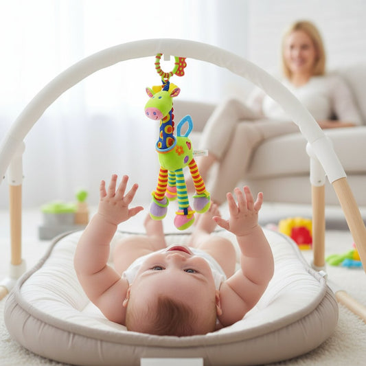 Doudou girafe hochet — girafe suspendue par l'anneau à l'arche d'éveil, bébé occupé - Choupinoo
