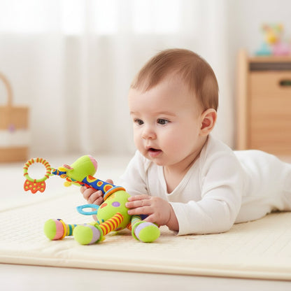 Doudou girafe hochet bébé — bébé sur tapis d'éveil qui attrape la girafe suspendue - Choupinoo