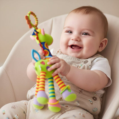 Doudou girafe hochet bébé — bébé souriant dans son transat qui agite la girafe - Choupinoo
