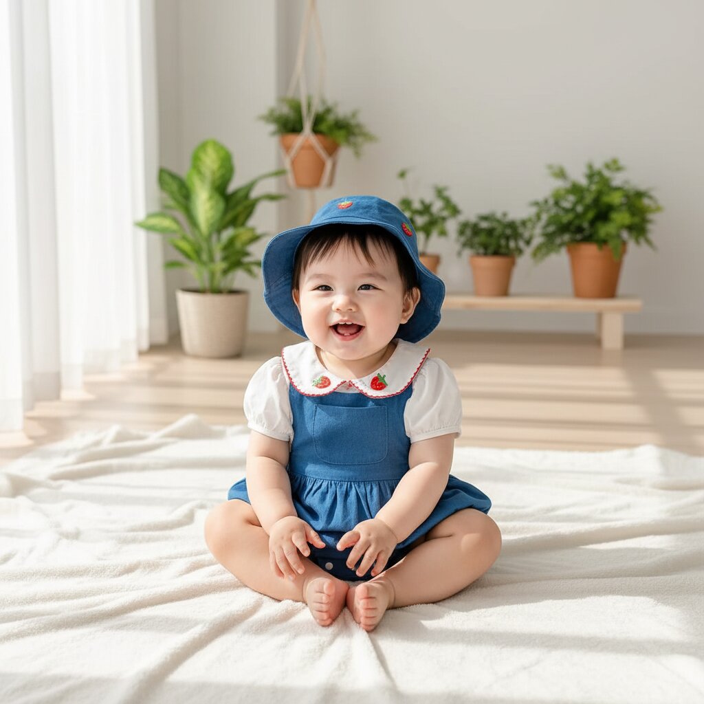 Bebe fille assise sur couverture blanche en ensemble coton bleu motif fraise dans salon lumineux - Choupinoo
