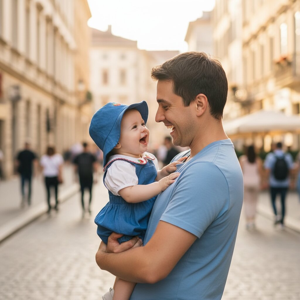 Papa tenant sa bebe fille en ensemble coton bleu motif fraise dans une rue europeenne ensoleilee - Choupinoo