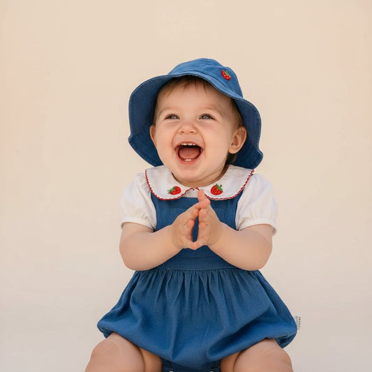 Bebe fille souriante en ensemble coton bleu motif fraise bob assorti plan serre fond beige ivoire - Choupinoo
