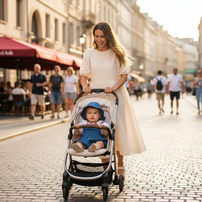 Bebe fille en ensemble coton bleu motif fraise dans une poussette lors d une promenade en ville - Choupinoo