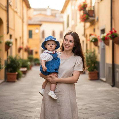 Maman portant sa bebe fille en ensemble coton bleu motif fraise dans une rue italienne ensoleilee - Choupinoo