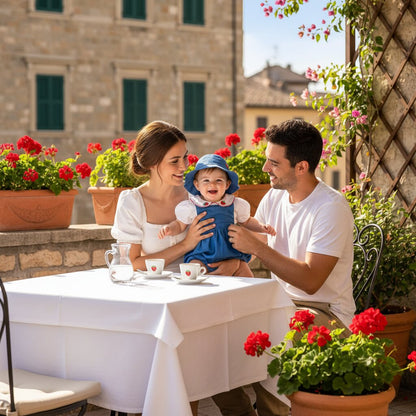 Parents et bebe fille en ensemble coton bleu motif fraise attables a une terrasse italienne - Choupinoo