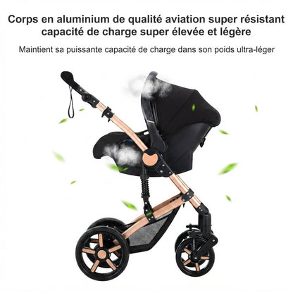 Chassis aluminium leger de la poussette 3 en 1 avec siege auto installe, structure resistante et ultra-legere - Choupinoo