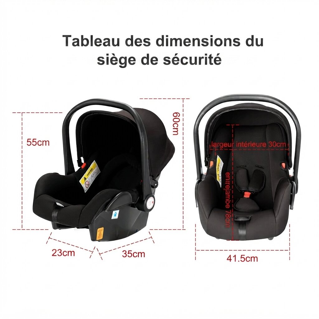 Tableau des dimensions du siege auto inclus dans la poussette 3 en 1, 55x35cm de cote et 41.5cm de largeur de face - Choupinoo