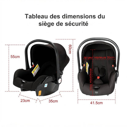 Tableau des dimensions du siege auto inclus dans la poussette 3 en 1, 55x35cm de cote et 41.5cm de largeur de face - Choupinoo