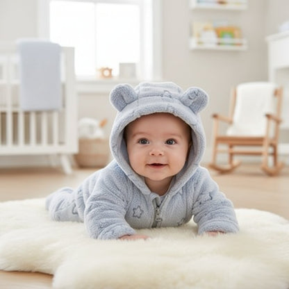Bébé à quatre pattes en grenouillère polaire bleue étoiles avec capuche à oreilles dans une nursery | Choupinoo
