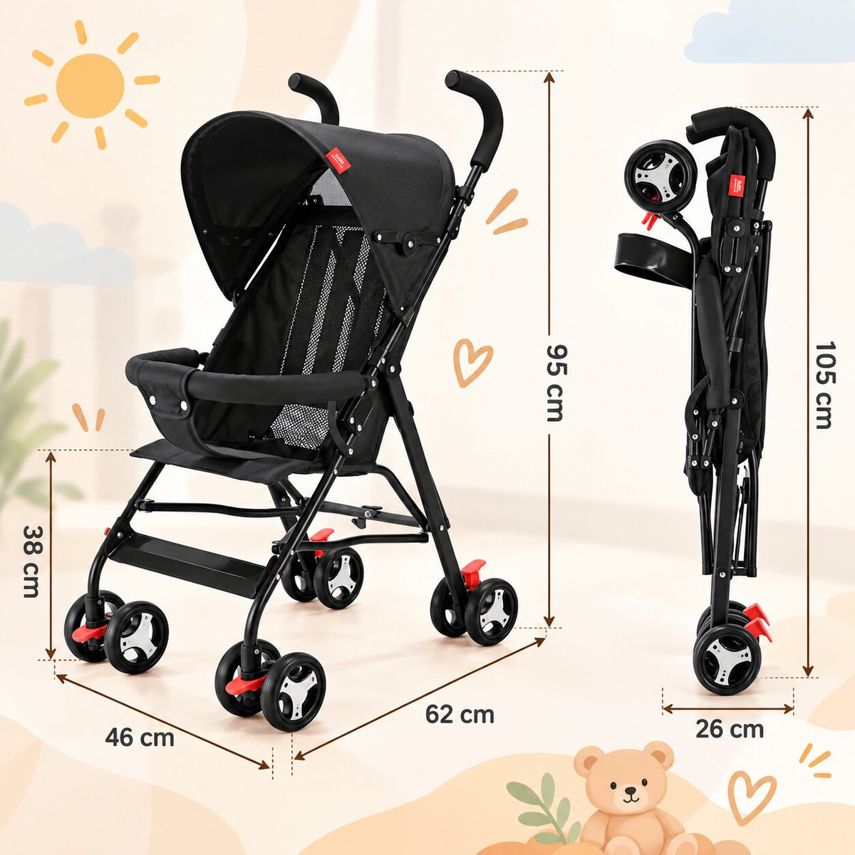 Dimensions de la poussette canne ouverte et pliée avec format compact pour le transport