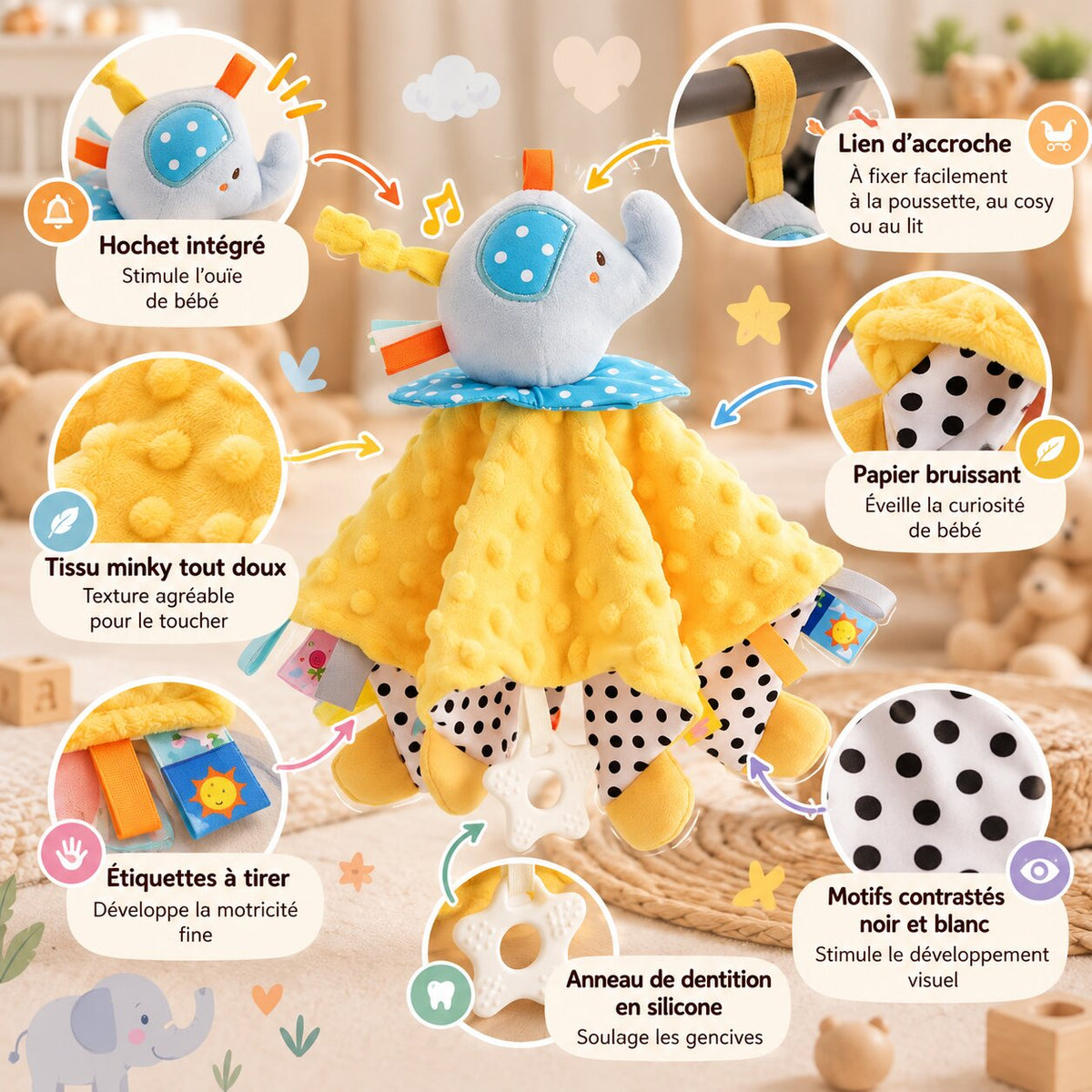Doudou Couverture Bébé en Peluche avec Animal Doux