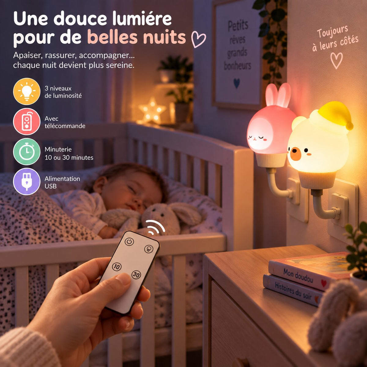 Lampe avec télécommande pour bébé avec lumière LED réglable et alimentation USB Choupinoo
