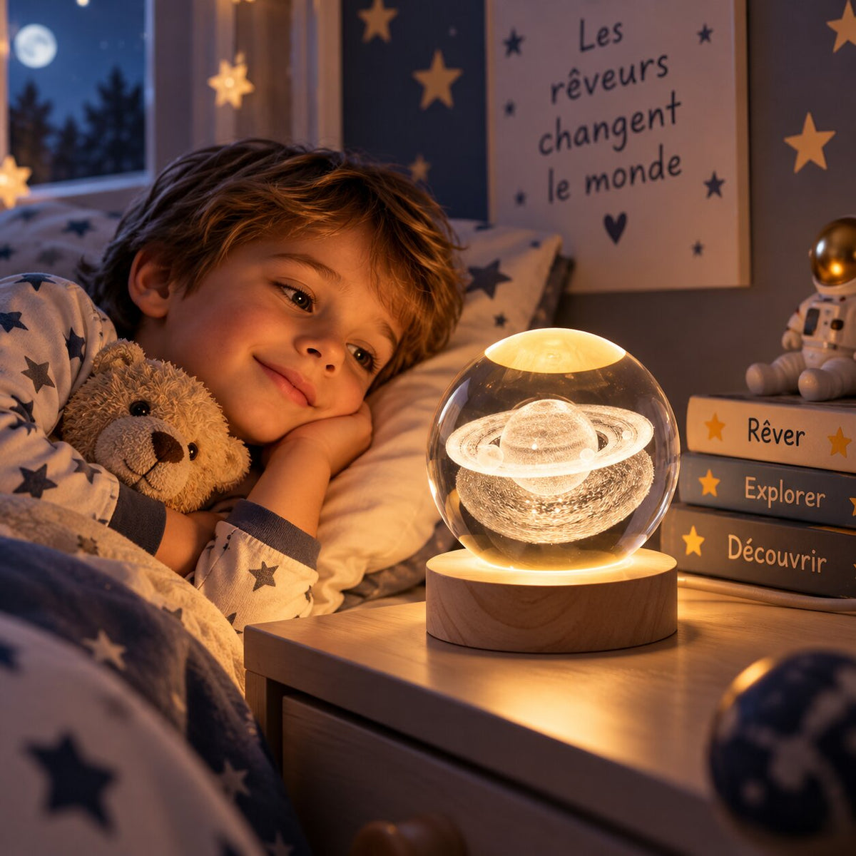 Enfant contemplant une lampe boule de cristal Saturne lumineuse avant de dormir dans sa chambre Choupinoo