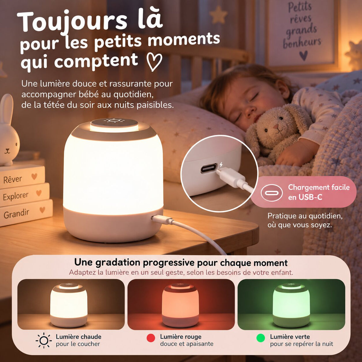 Bébé endormi près d’une lampe de chevet enfant rechargeable avec luminosité réglable Choupinoo