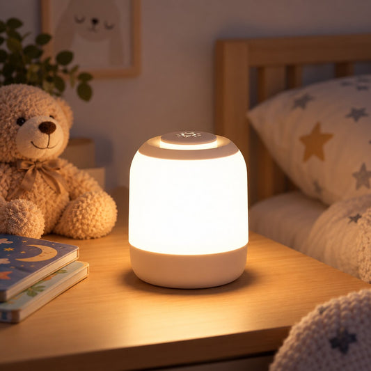 Lampe de chevet LED rechargeable installée près du lit dans une chambre d’enfant Choupinoo