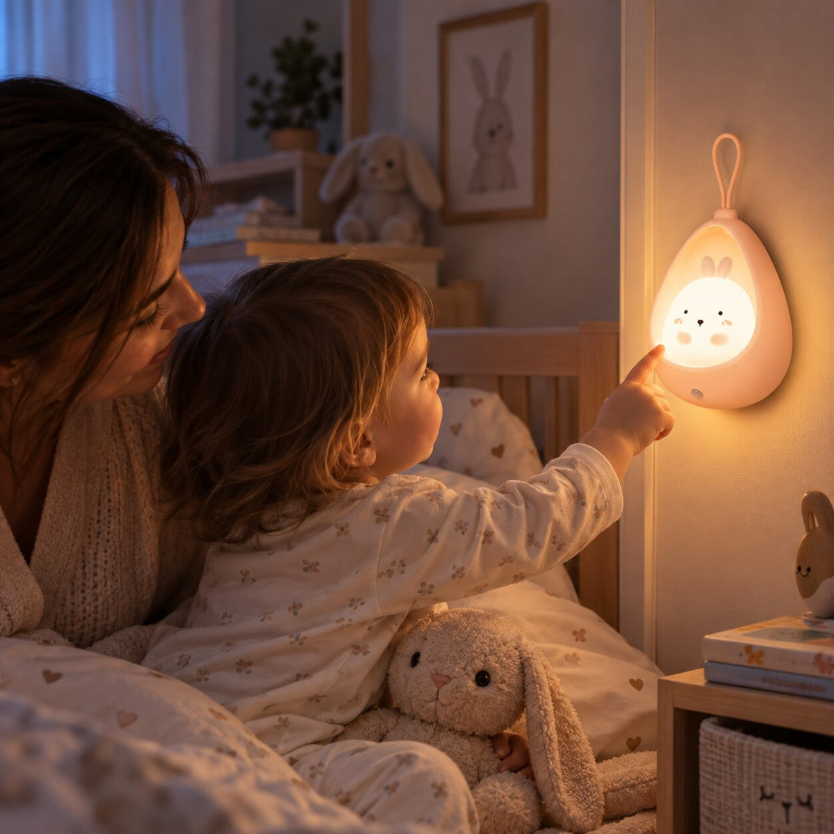 Enfant avec son parent utilisant une lampe de nuit lapin avec détecteur de mouvement près du lit Choupinoo