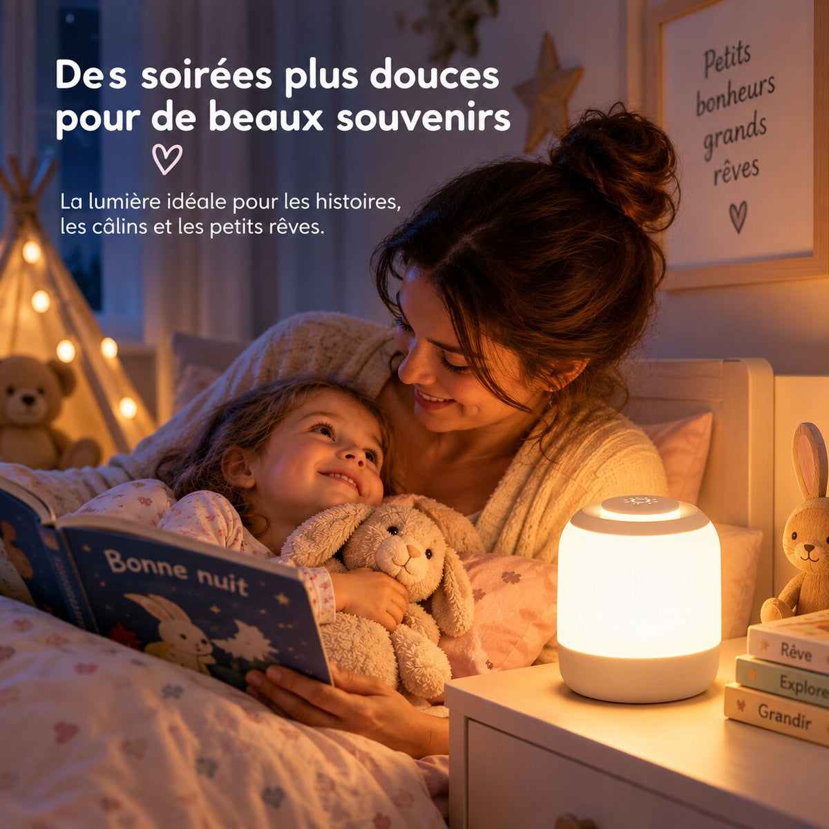 Maman lisant une histoire à son enfant près d’une lampe de table de chevet lumineuse Choupinoo