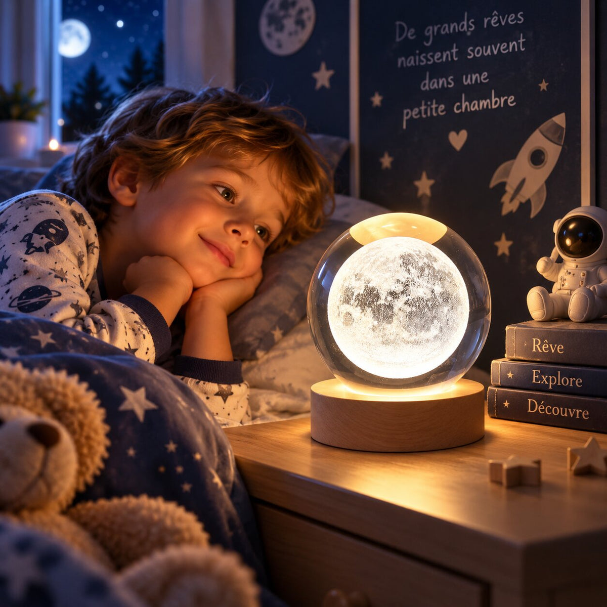 Enfant contemplant une lampe de chevet boule de cristal Lune LED près de son lit avant de dormir Choupinoo