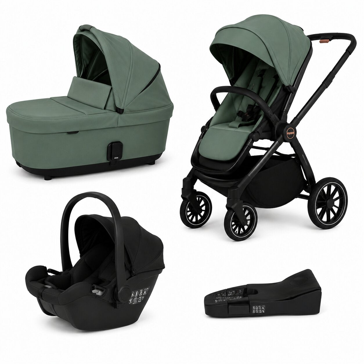 Pack complet poussette BabyVoyage 4-en-1 coloris vert kaki avec nacelle, siege auto et base Isofix noirs - Choupinoo
