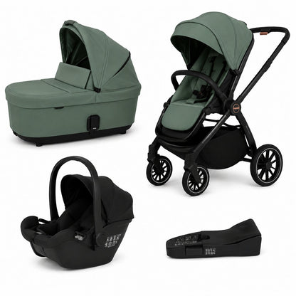 Pack complet poussette BabyVoyage 4-en-1 coloris vert kaki avec nacelle, siege auto et base Isofix noirs - Choupinoo
