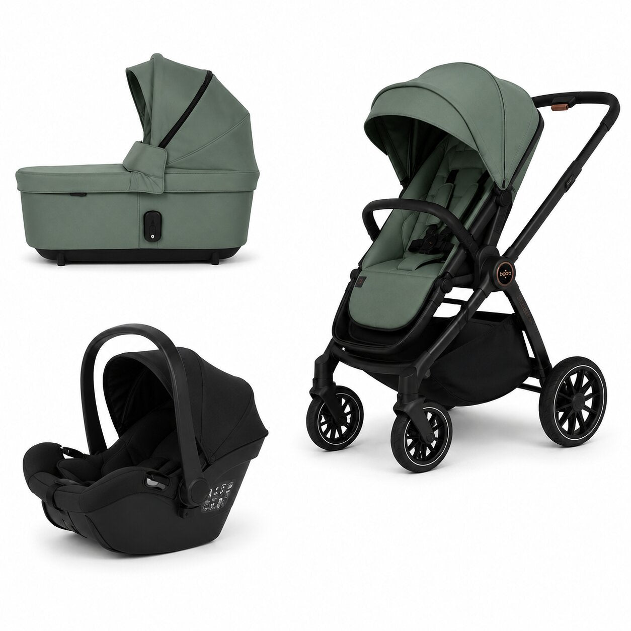 Pack complet poussette BabyVoyage 4-en-1 coloris vert kaki avec nacelle et siege auto noir, vue trois quarts - Choupinoo
