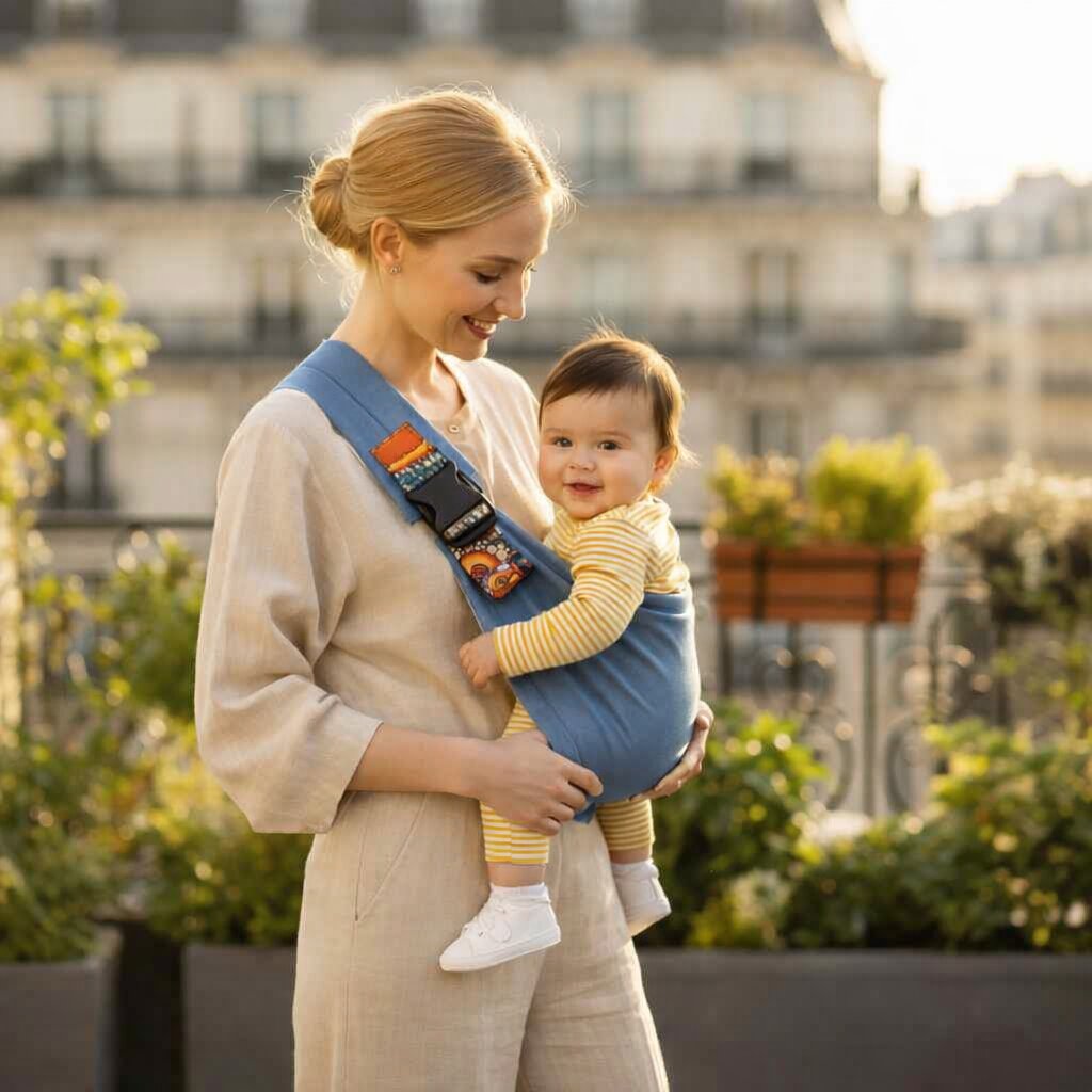 Maman élégante portant son bébé dans un porte-bébé sling épaule bleu  – Choupinoo