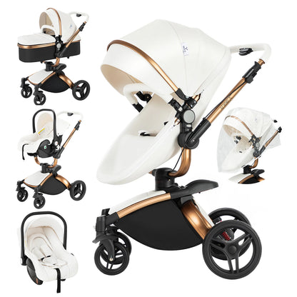 Poussette 3 en 1 ergonomique effet cocon coloris blanc ivoire pack complet nacelle siege auto et habillage pluie Choupinoo
