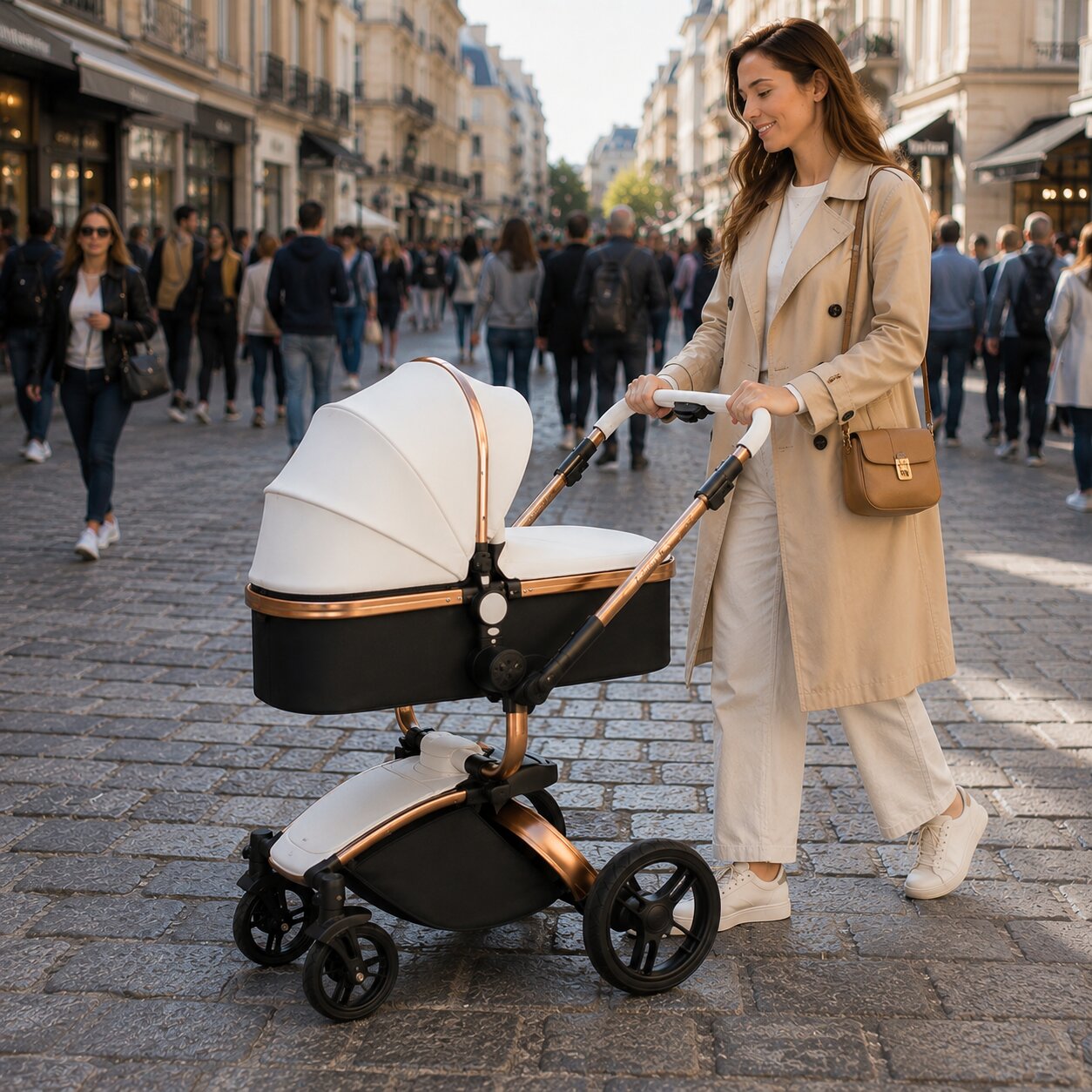 Poussette 3 en 1 ergonomique effet cocon mode nacelle coloris blanc ivoire promenade pavés chassis or Choupinoo